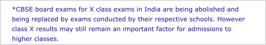 *CBSE board exams for X class exams in India are being abolished and being replaced by exams conducted by their respective schools. However class X results may still remain an important factor for admissions to higher classes.
