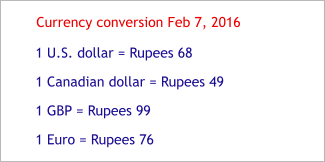 Currency conversion Feb 7, 2016  1 U.S. dollar = Rupees 68 1 Canadian dollar = Rupees 49 1 GBP = Rupees 99 1 Euro = Rupees 76